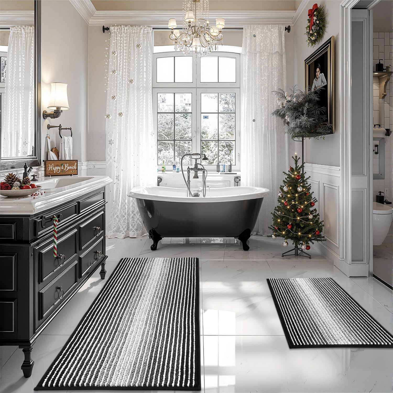 BSICPRO Bathroom Rugs and Mats Sets, 2 Piece Thick Absorbent Chenille Bath Mat Rug Set Non Slip, Soft Shaggy Bath Floor Mats for Bathroom, Machine Washable (20" x 47" Plus 16" x 24", Beige)