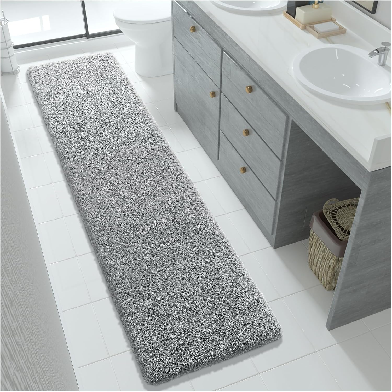Yimobra Bathroom Rugs Non Slip Washable 36x24, Ultra Soft and Water Absorbent Bath Mats, Plush Fluffy Shower Mat Outside, Luxury Microfiber Thick Matts for Bathroom Floor/Tub, Light Gray and White