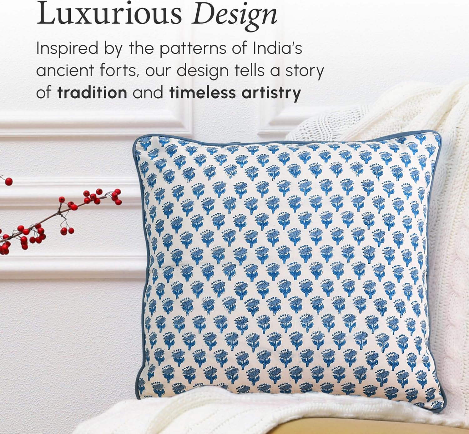 CPC 100% Cotton Throw Pillow Covers 18x18 Inch, Set of 2 Blue Block Print Pattern Couch Pillow, Cute Boho Decorative Pillows for Living Room, Bedroom with Hidden Zipper- Apatite Blue