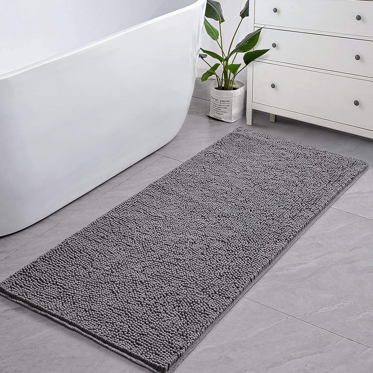 LOCHAS Luxury Bathroom Rug Shaggy Bath Mat 24 x 60 Inch, Washable Non Slip Bath Rugs for Bathroom Shower, Soft Plush Chenille Absorbent Carpets Mats, Gray