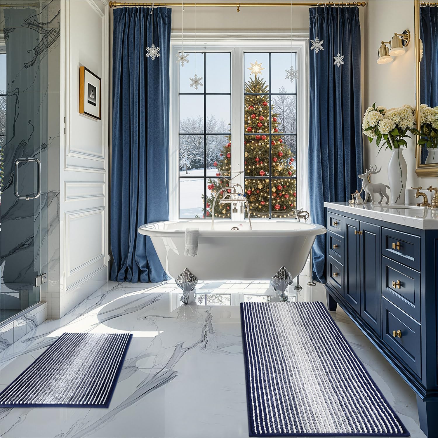 BSICPRO Bathroom Rugs and Mats Sets, 2 Piece Thick Absorbent Chenille Bath Mat Rug Set Non Slip, Soft Shaggy Bath Floor Mats for Bathroom, Machine Washable (20" x 47" Plus 16" x 24", Beige)