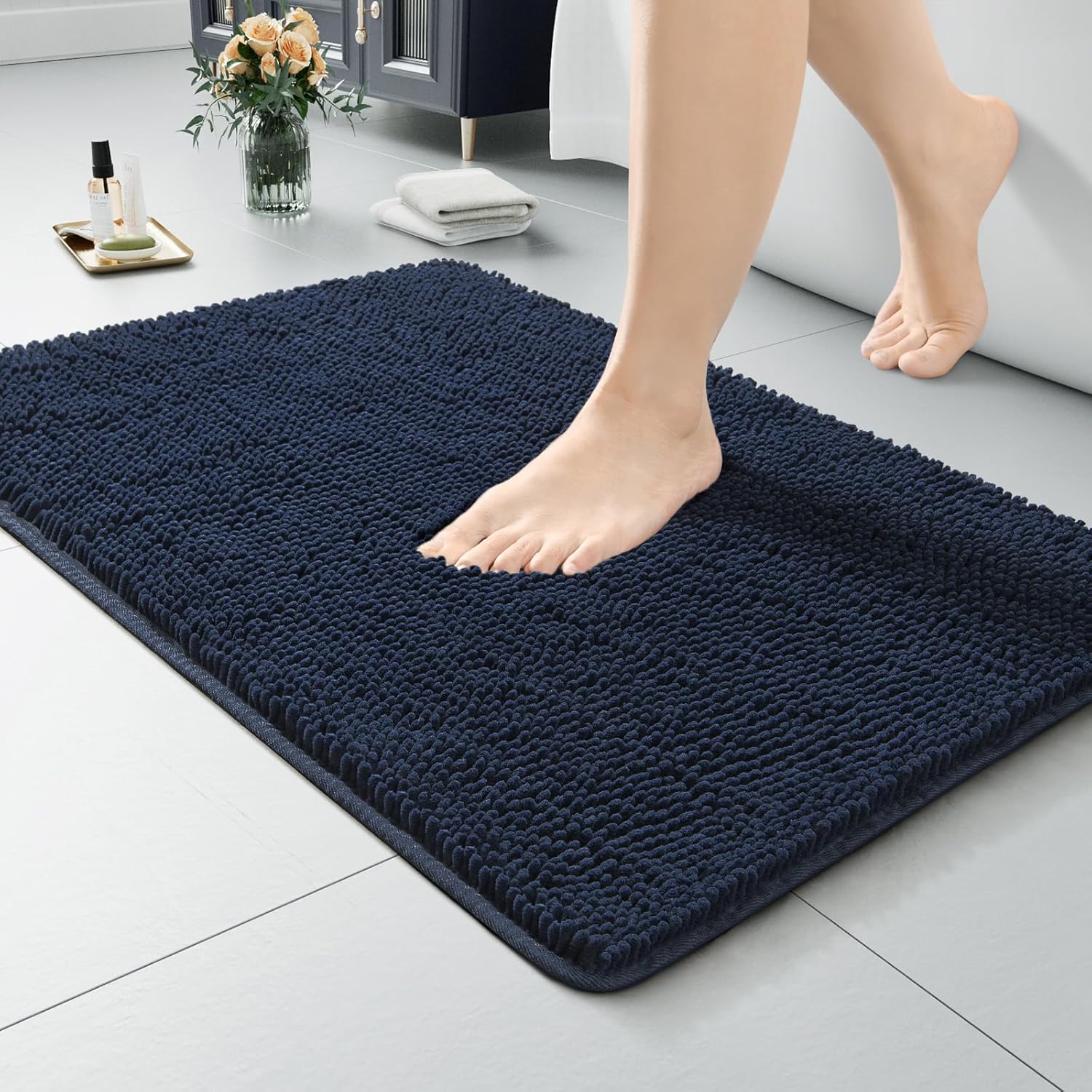 LOCHAS Luxury Bathroom Rug Shaggy Bath Mat 24 x 60 Inch, Washable Non Slip Bath Rugs for Bathroom Shower, Soft Plush Chenille Absorbent Carpets Mats, Gray