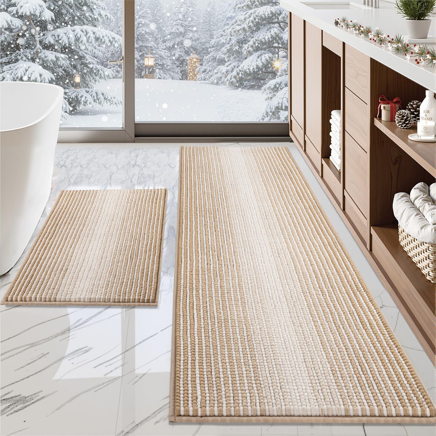 BSICPRO Bathroom Rugs and Mats Sets, 2 Piece Thick Absorbent Chenille Bath Mat Rug Set Non Slip, Soft Shaggy Bath Floor Mats for Bathroom, Machine Washable (20" x 47" Plus 16" x 24", Beige)