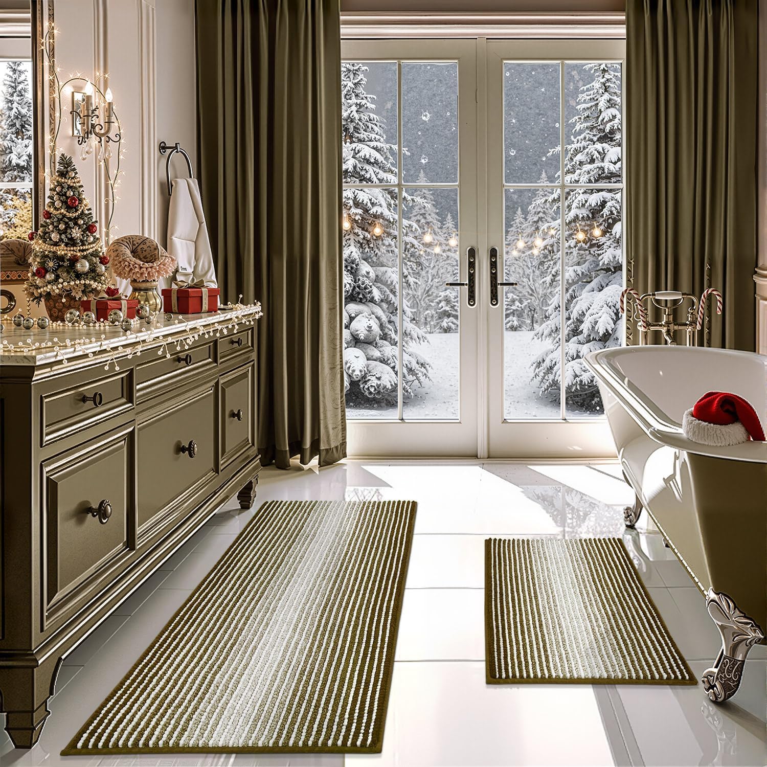 BSICPRO Bathroom Rugs and Mats Sets, 2 Piece Thick Absorbent Chenille Bath Mat Rug Set Non Slip, Soft Shaggy Bath Floor Mats for Bathroom, Machine Washable (20" x 47" Plus 16" x 24", Beige)