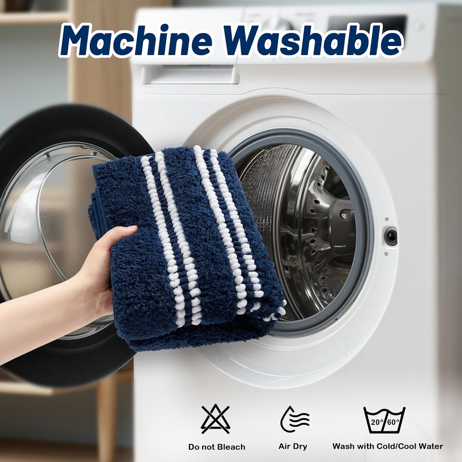 Bathroom Runner Rugs Non Slip Washable 24x60, Ultra Soft Super Absorbent Bath Rugs for Bathroom Floor, Shaggy Chenille Bath Rug, Microfiber Plush Quick Dry Bath Mat for Bathtub, Hallway, Navy