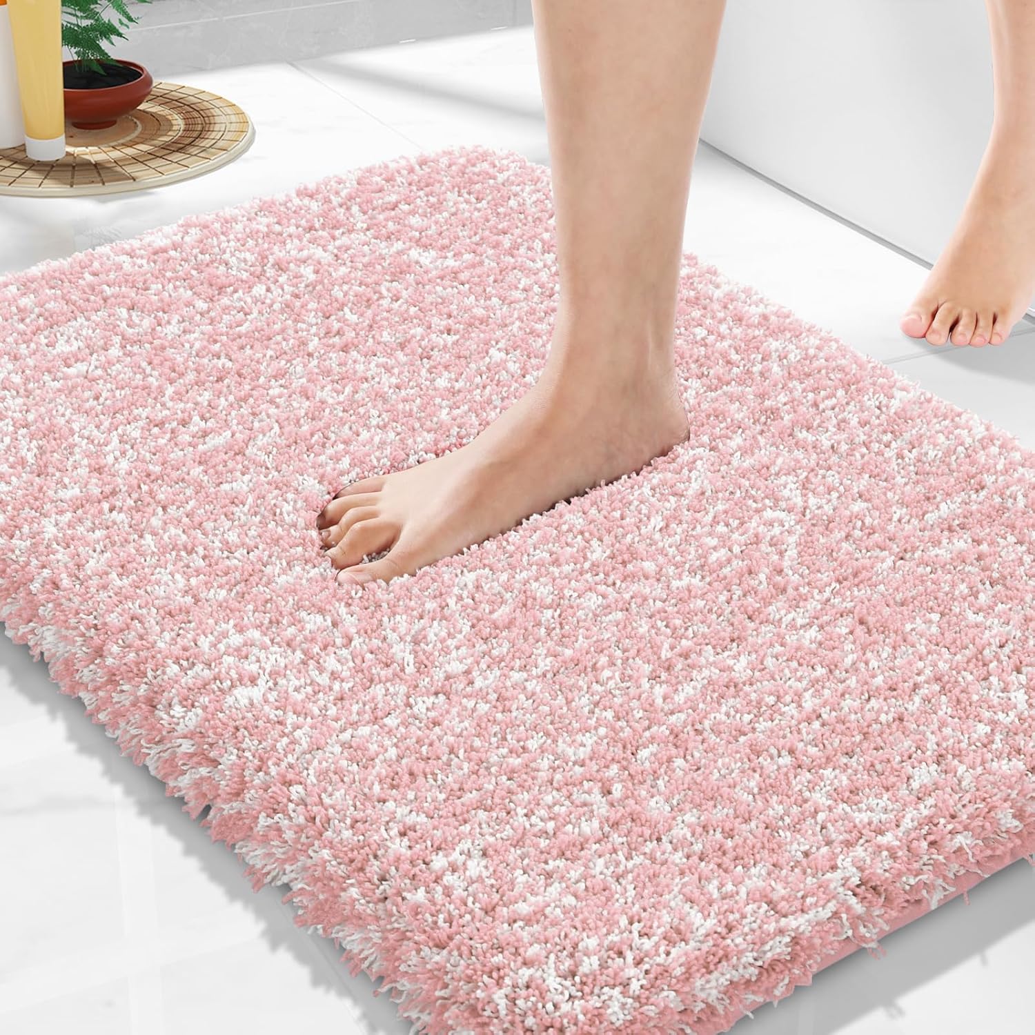 Yimobra Bathroom Rugs Non Slip Washable 36x24, Ultra Soft and Water Absorbent Bath Mats, Plush Fluffy Shower Mat Outside, Luxury Microfiber Thick Matts for Bathroom Floor/Tub, Light Gray and White