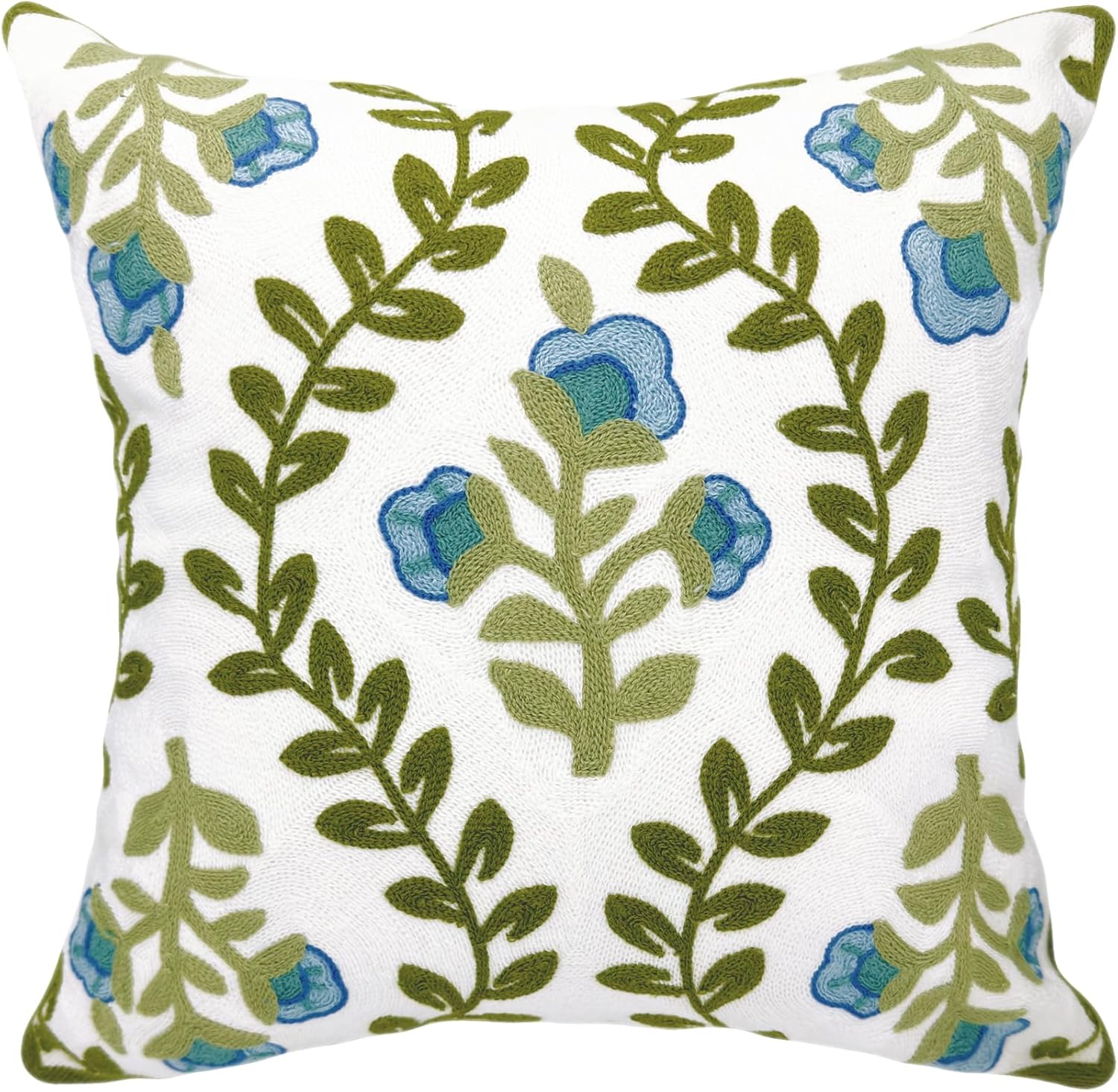 Alysheer Floral Embroidered Summer Decorative Throw Pillow Covers 20"x 20" Set of 2, Farmhouse Cottage Navy Blue Green Flowers Leaves Knit Pattern Cotton Canvas Cushion Case for Couch Bed Living Room
