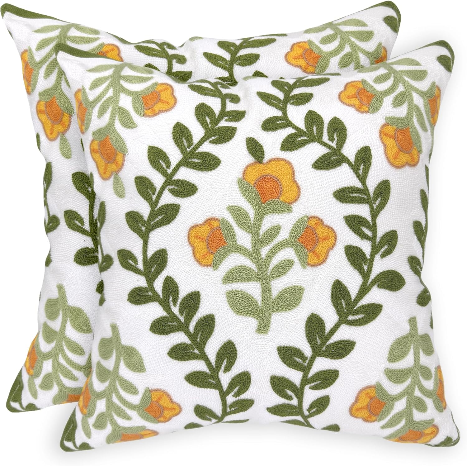 Alysheer Floral Embroidered Summer Decorative Throw Pillow Covers 20"x 20" Set of 2, Farmhouse Cottage Navy Blue Green Flowers Leaves Knit Pattern Cotton Canvas Cushion Case for Couch Bed Living Room