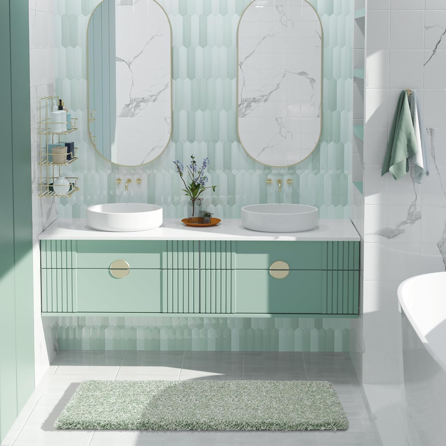 Yimobra Bathroom Rugs Non Slip Washable 36x24, Ultra Soft and Water Absorbent Bath Mats, Plush Fluffy Shower Mat Outside, Luxury Microfiber Thick Matts for Bathroom Floor/Tub, Light Gray and White