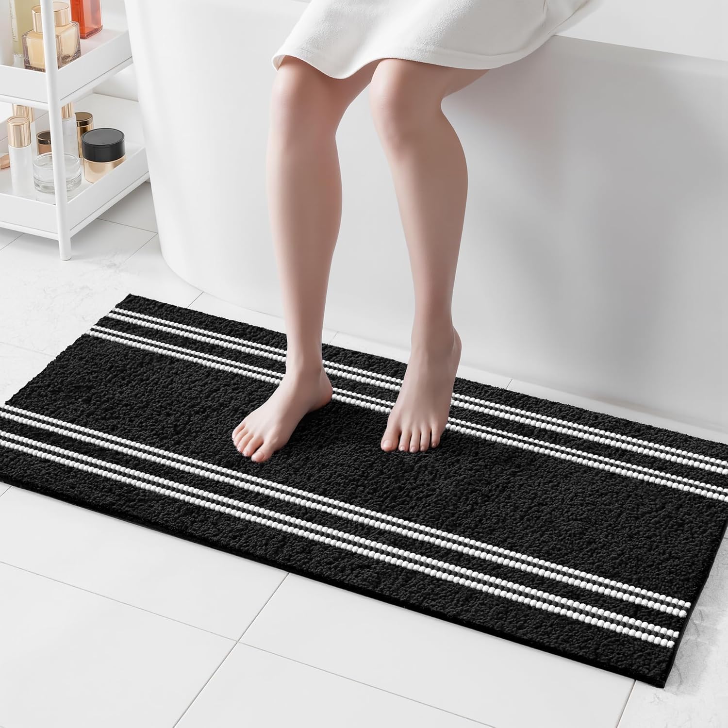 Bathroom Runner Rugs Non Slip Washable 24x60, Ultra Soft Super Absorbent Bath Rugs for Bathroom Floor, Shaggy Chenille Bath Rug, Microfiber Plush Quick Dry Bath Mat for Bathtub, Hallway, Navy