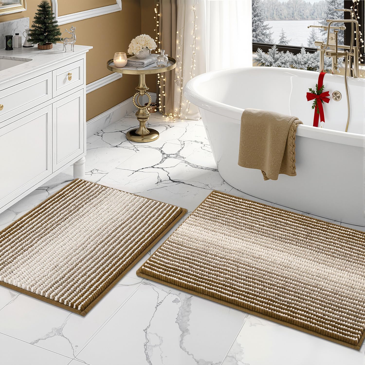 BSICPRO Bathroom Rugs and Mats Sets, 2 Piece Thick Absorbent Chenille Bath Mat Rug Set Non Slip, Soft Shaggy Bath Floor Mats for Bathroom, Machine Washable (20" x 47" Plus 16" x 24", Beige)