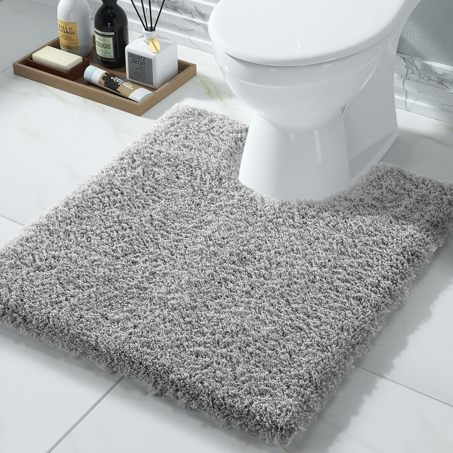 Yimobra Bathroom Rugs Non Slip Washable 36x24, Ultra Soft and Water Absorbent Bath Mats, Plush Fluffy Shower Mat Outside, Luxury Microfiber Thick Matts for Bathroom Floor/Tub, Light Gray and White