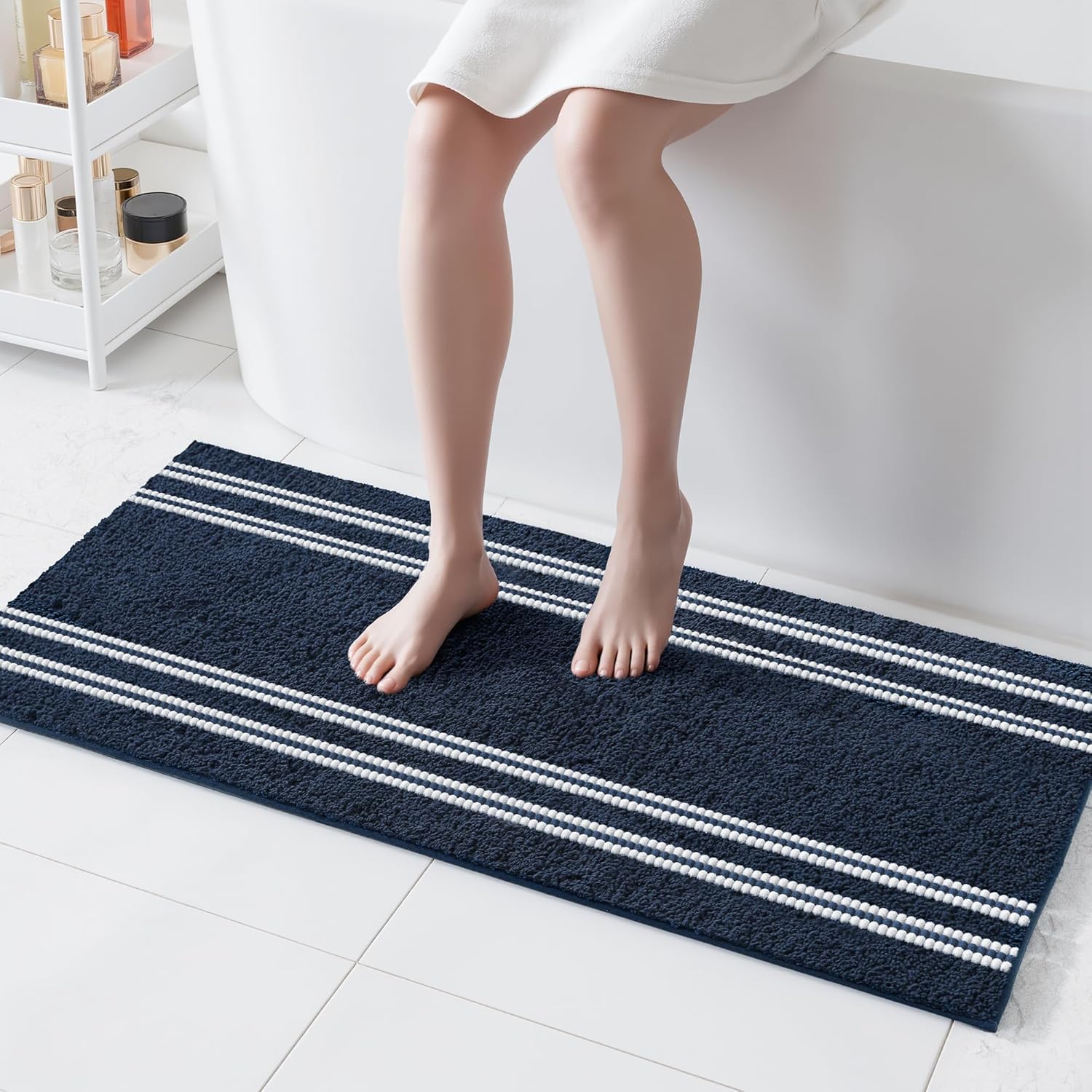 Bathroom Runner Rugs Non Slip Washable 24x60, Ultra Soft Super Absorbent Bath Rugs for Bathroom Floor, Shaggy Chenille Bath Rug, Microfiber Plush Quick Dry Bath Mat for Bathtub, Hallway, Navy