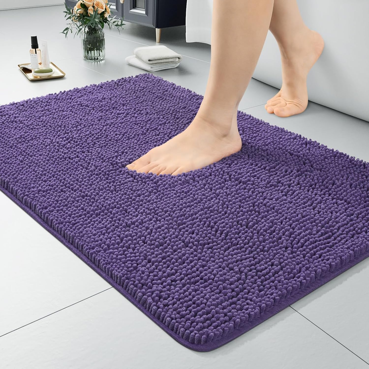 LOCHAS Luxury Bathroom Rug Shaggy Bath Mat 24 x 60 Inch, Washable Non Slip Bath Rugs for Bathroom Shower, Soft Plush Chenille Absorbent Carpets Mats, Gray