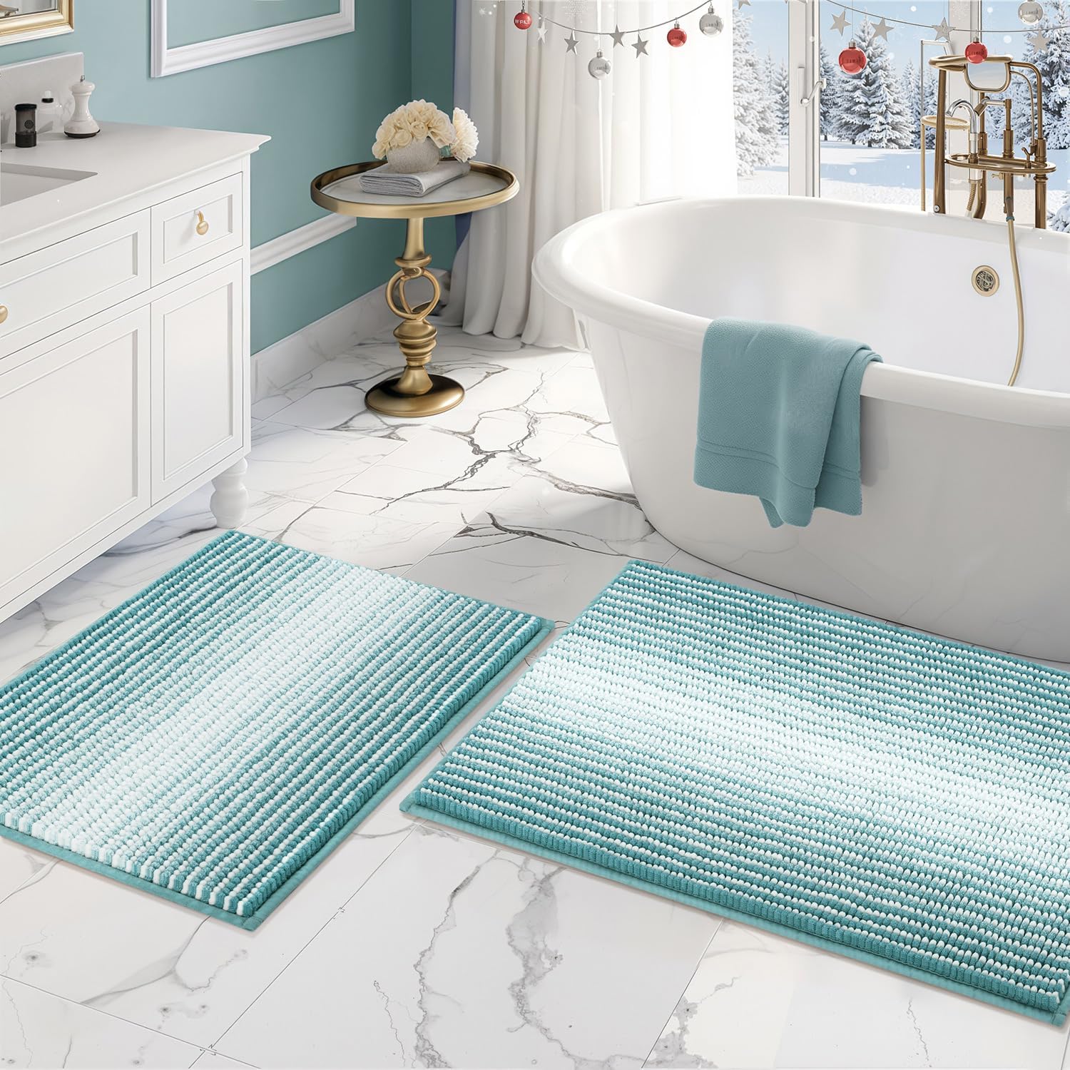 BSICPRO Bathroom Rugs and Mats Sets, 2 Piece Thick Absorbent Chenille Bath Mat Rug Set Non Slip, Soft Shaggy Bath Floor Mats for Bathroom, Machine Washable (20" x 47" Plus 16" x 24", Beige)
