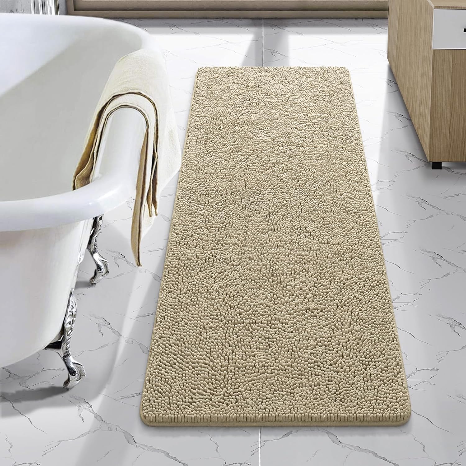 LOCHAS Luxury Bathroom Rug Shaggy Bath Mat 24 x 60 Inch, Washable Non Slip Bath Rugs for Bathroom Shower, Soft Plush Chenille Absorbent Carpets Mats, Gray