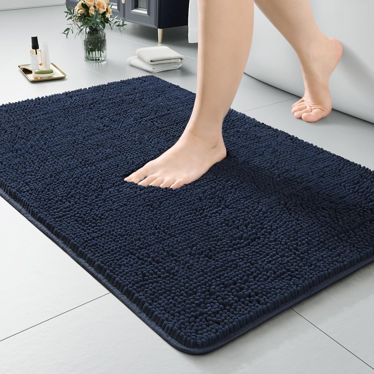 LOCHAS Luxury Bathroom Rug Shaggy Bath Mat 24 x 60 Inch, Washable Non Slip Bath Rugs for Bathroom Shower, Soft Plush Chenille Absorbent Carpets Mats, Gray