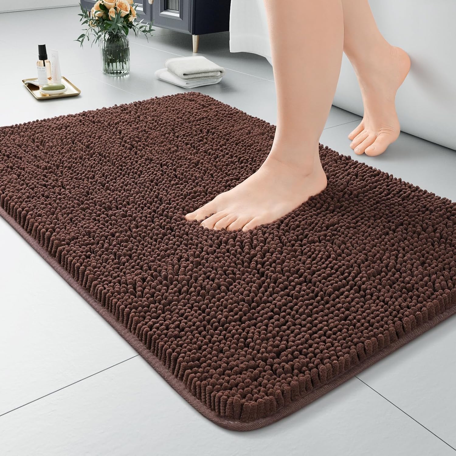 LOCHAS Luxury Bathroom Rug Shaggy Bath Mat 24 x 60 Inch, Washable Non Slip Bath Rugs for Bathroom Shower, Soft Plush Chenille Absorbent Carpets Mats, Gray