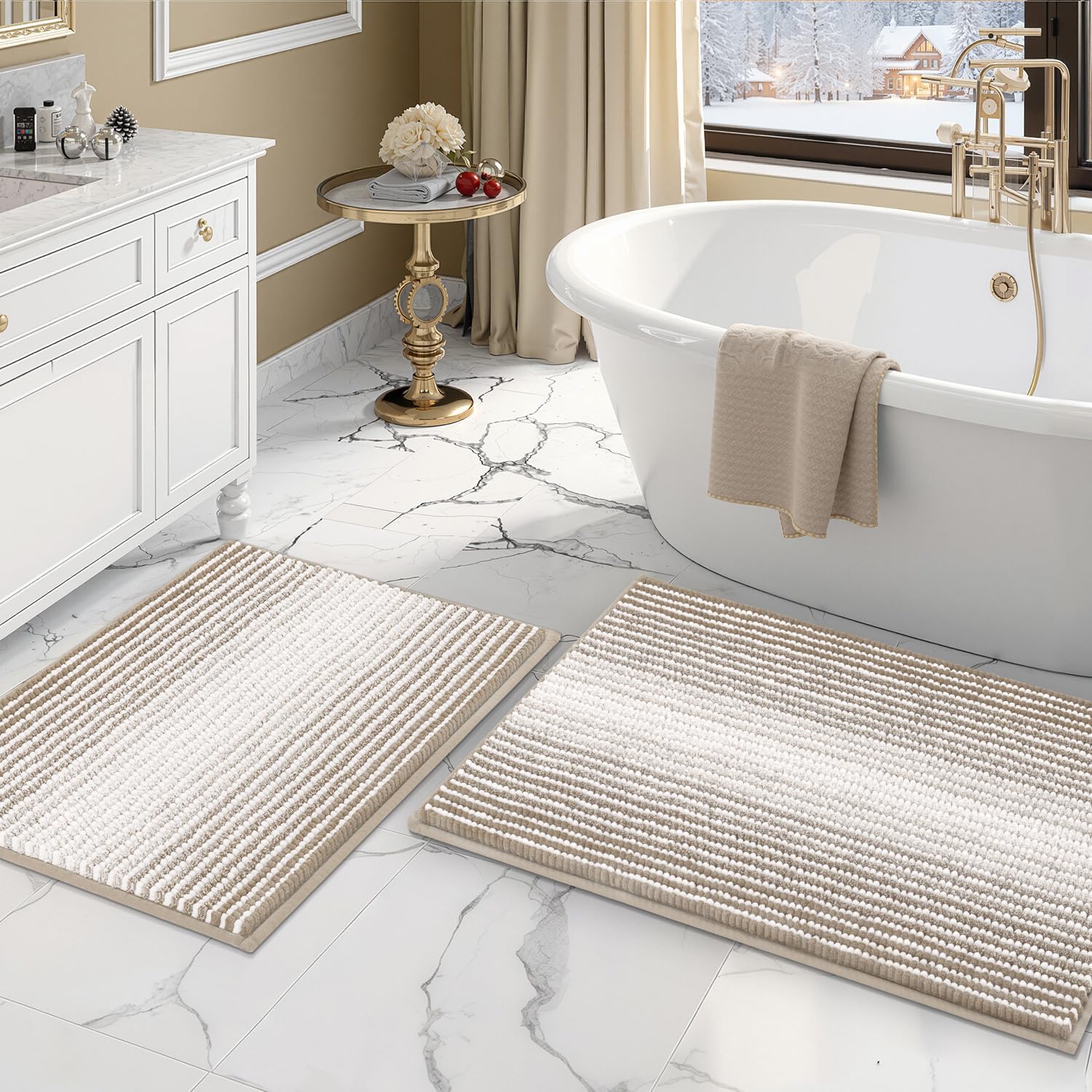 BSICPRO Bathroom Rugs and Mats Sets, 2 Piece Thick Absorbent Chenille Bath Mat Rug Set Non Slip, Soft Shaggy Bath Floor Mats for Bathroom, Machine Washable (20" x 47" Plus 16" x 24", Beige)