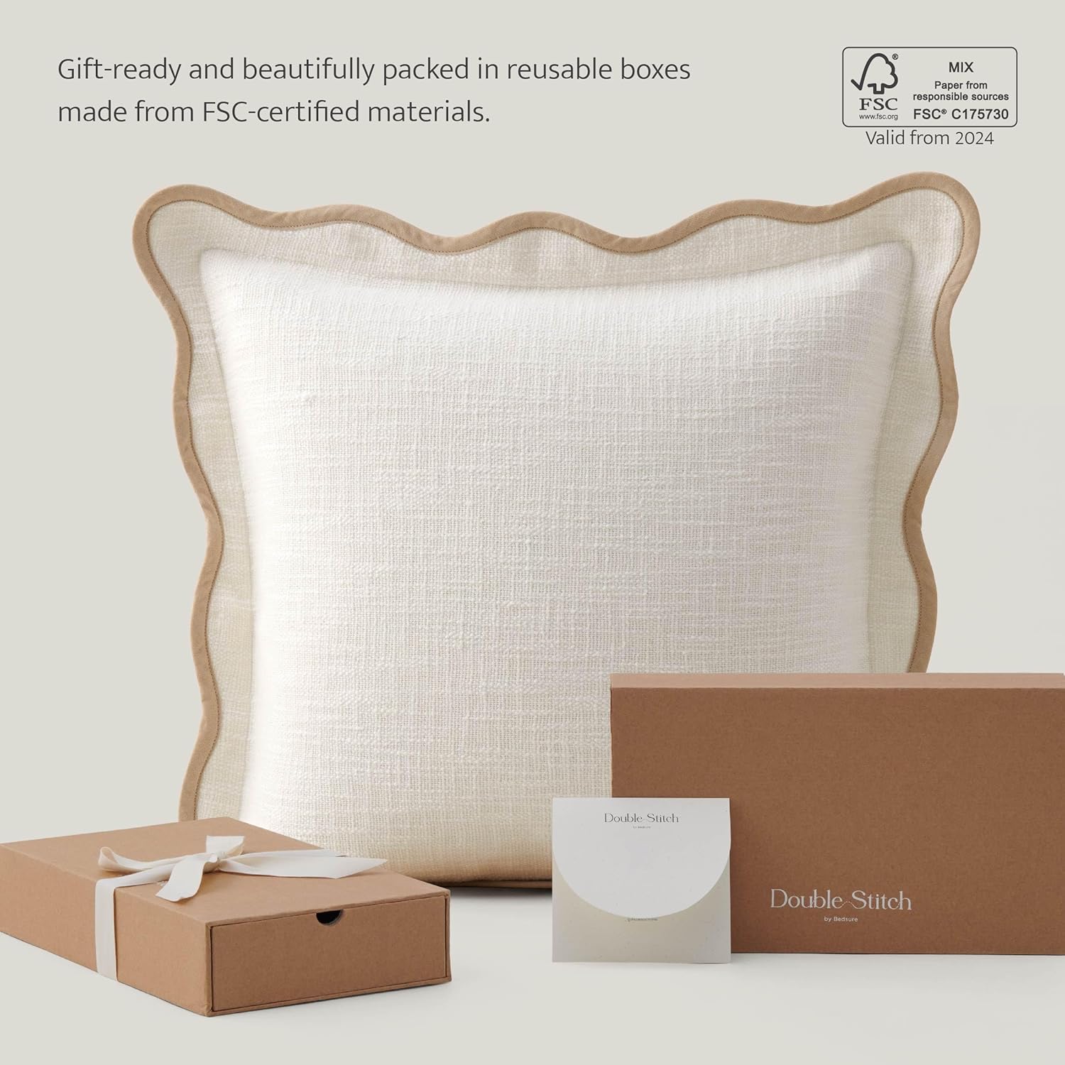 Double Stitch Scalloped Throw Pillow Covers - 100% Cotton Set of 2 Decorative Boho Pillow Covers 20 x 20, Made in India, Square Cushion Case, Modern Home Decor for Couch Sofa Living Room, Cream