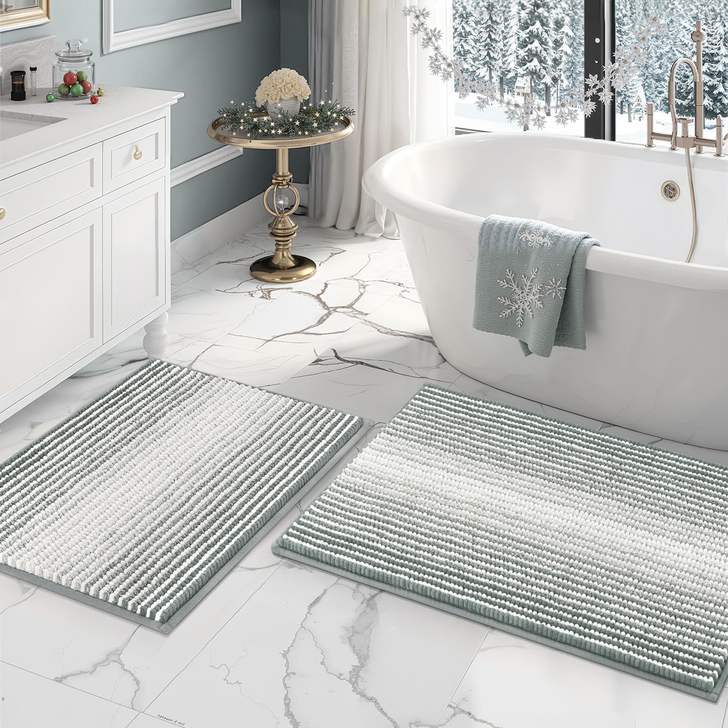 BSICPRO Bathroom Rugs and Mats Sets, 2 Piece Thick Absorbent Chenille Bath Mat Rug Set Non Slip, Soft Shaggy Bath Floor Mats for Bathroom, Machine Washable (20" x 47" Plus 16" x 24", Beige)