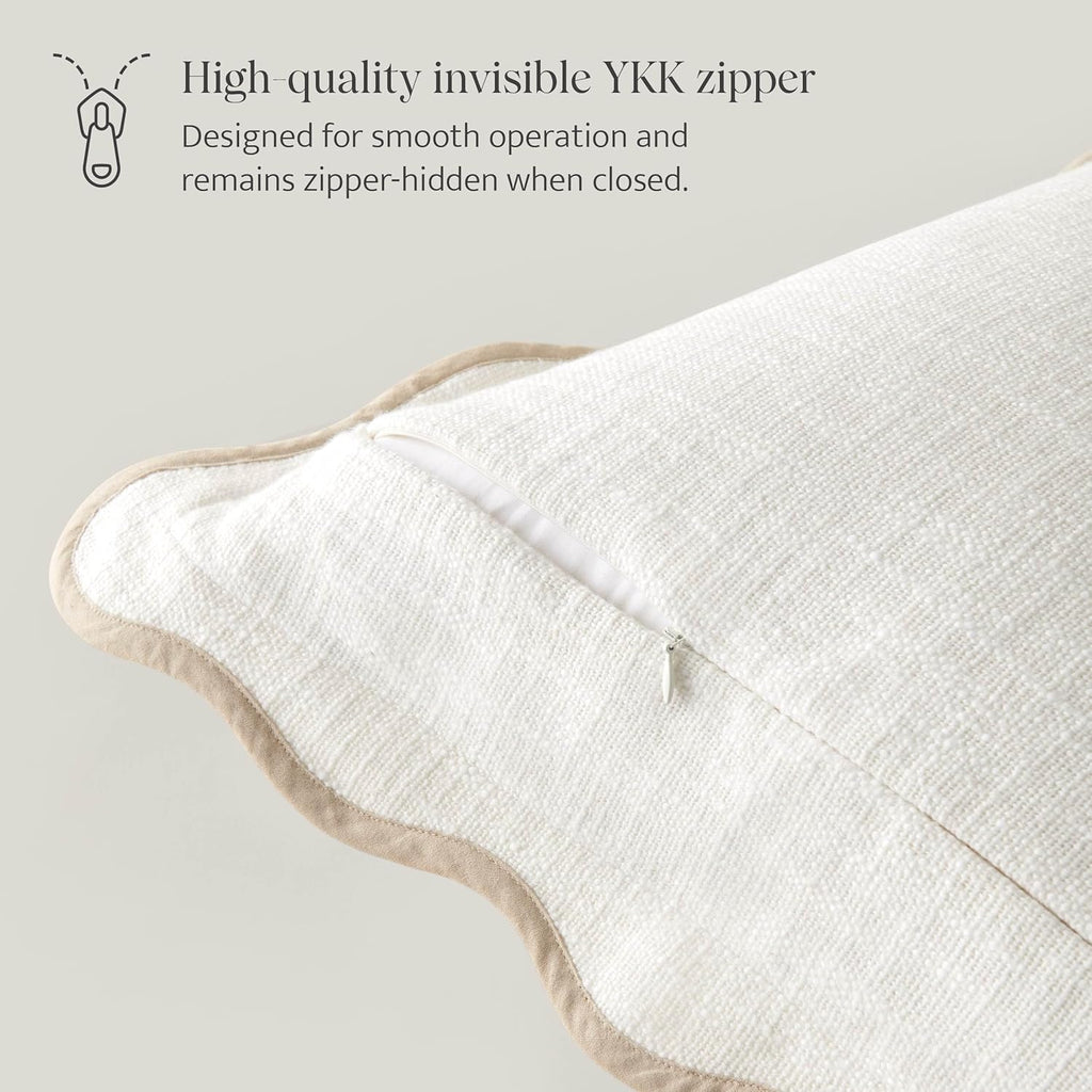 Double Stitch Scalloped Throw Pillow Covers - 100% Cotton Set of 2 Decorative Boho Pillow Covers 20 x 20, Made in India, Square Cushion Case, Modern Home Decor for Couch Sofa Living Room, Cream