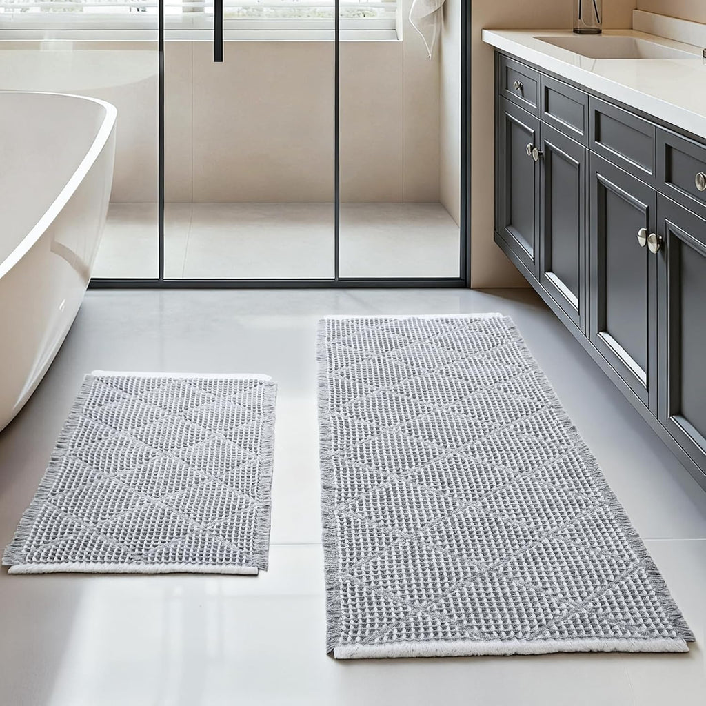 Waffle Bath Mat Set, Non Slip Bathroom Rugs Sets 2 Piece, Ultra Absorbent Long Bath Rug Runner for Bathroom Decor, Machine Washable Boho Mats, Grey & White, 20"×47" Plus 18"×30"