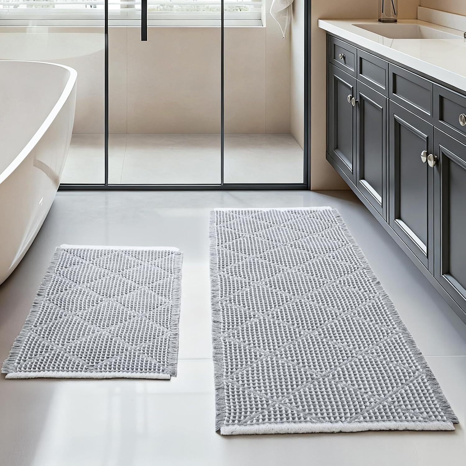 Waffle Bath Mat Set, Non Slip Bathroom Rugs Sets 2 Piece, Ultra Absorbent Long Bath Rug Runner for Bathroom Decor, Machine Washable Boho Mats, Grey & White, 20"×47" Plus 18"×30"