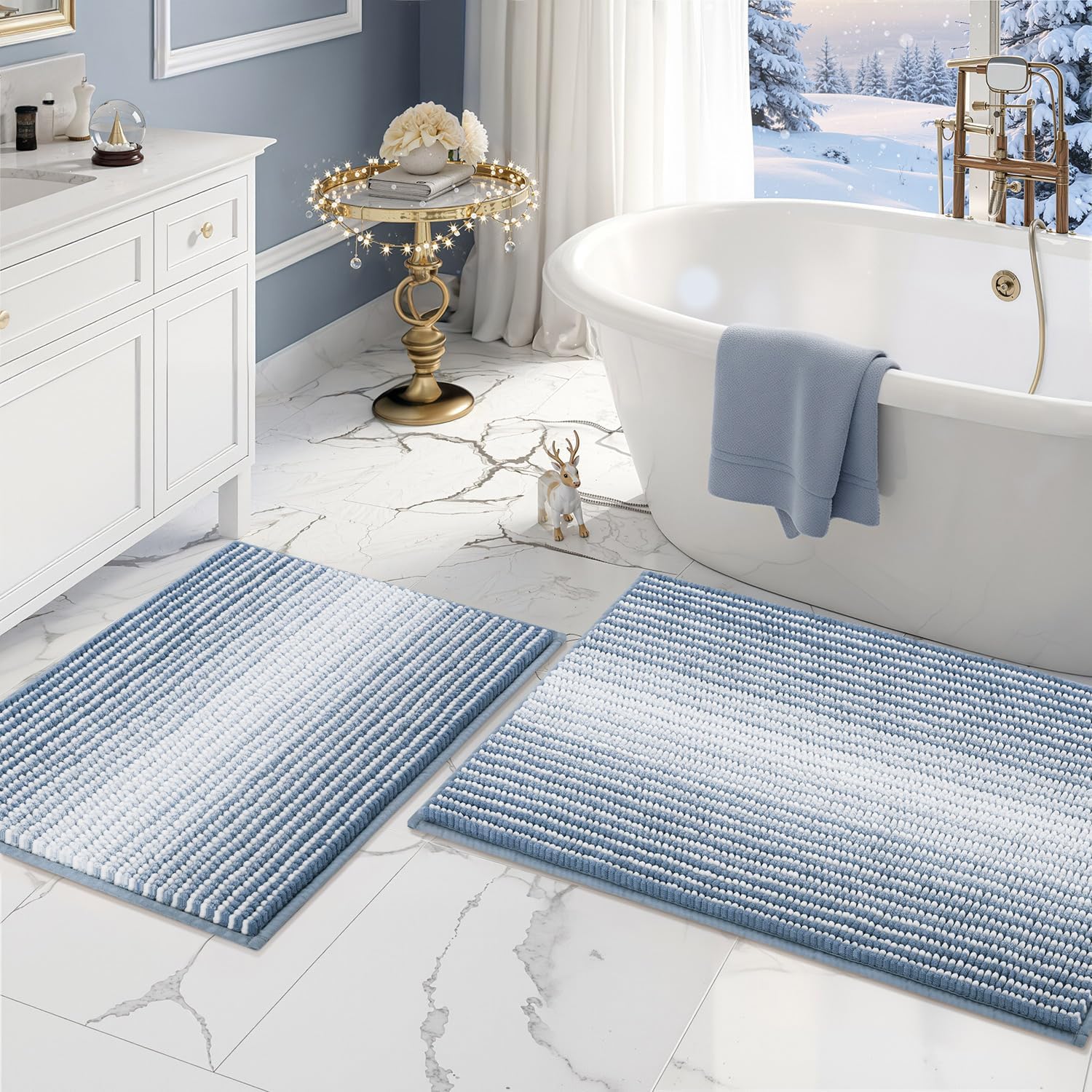 BSICPRO Bathroom Rugs and Mats Sets, 2 Piece Thick Absorbent Chenille Bath Mat Rug Set Non Slip, Soft Shaggy Bath Floor Mats for Bathroom, Machine Washable (20" x 47" Plus 16" x 24", Beige)