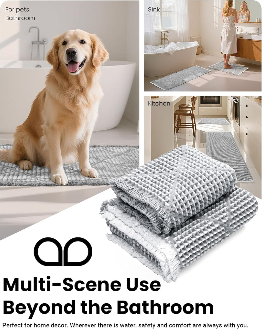 Waffle Bath Mat Set, Non Slip Bathroom Rugs Sets 2 Piece, Ultra Absorbent Long Bath Rug Runner for Bathroom Decor, Machine Washable Boho Mats, Grey & White, 20"×47" Plus 18"×30"