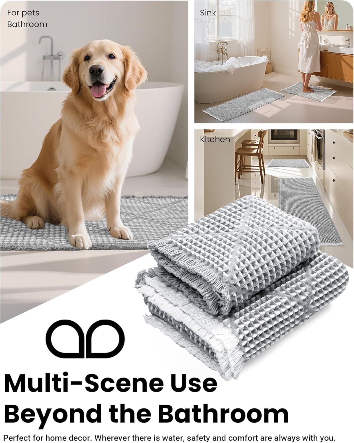 Waffle Bath Mat Set, Non Slip Bathroom Rugs Sets 2 Piece, Ultra Absorbent Long Bath Rug Runner for Bathroom Decor, Machine Washable Boho Mats, Grey & White, 20"×47" Plus 18"×30"