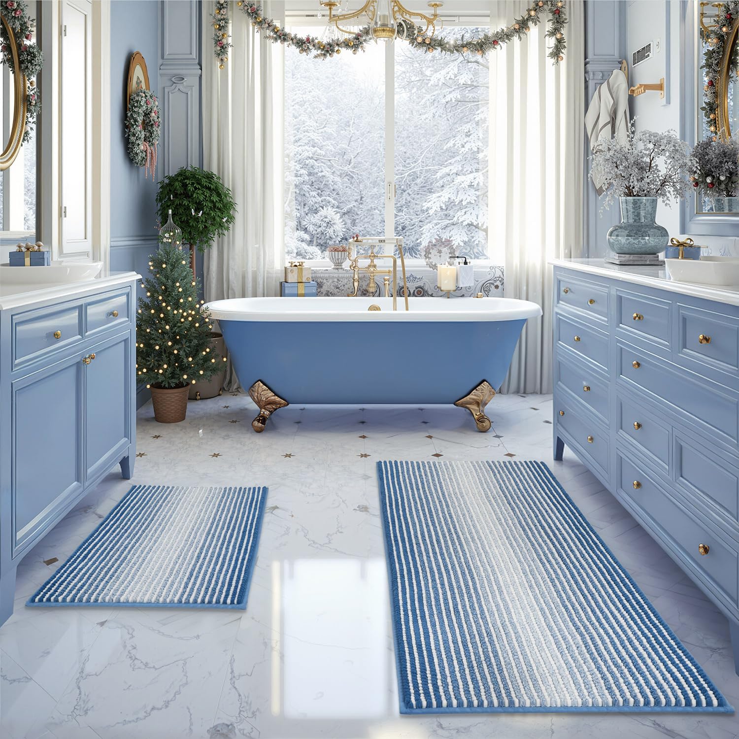 BSICPRO Bathroom Rugs and Mats Sets, 2 Piece Thick Absorbent Chenille Bath Mat Rug Set Non Slip, Soft Shaggy Bath Floor Mats for Bathroom, Machine Washable (20" x 47" Plus 16" x 24", Beige)