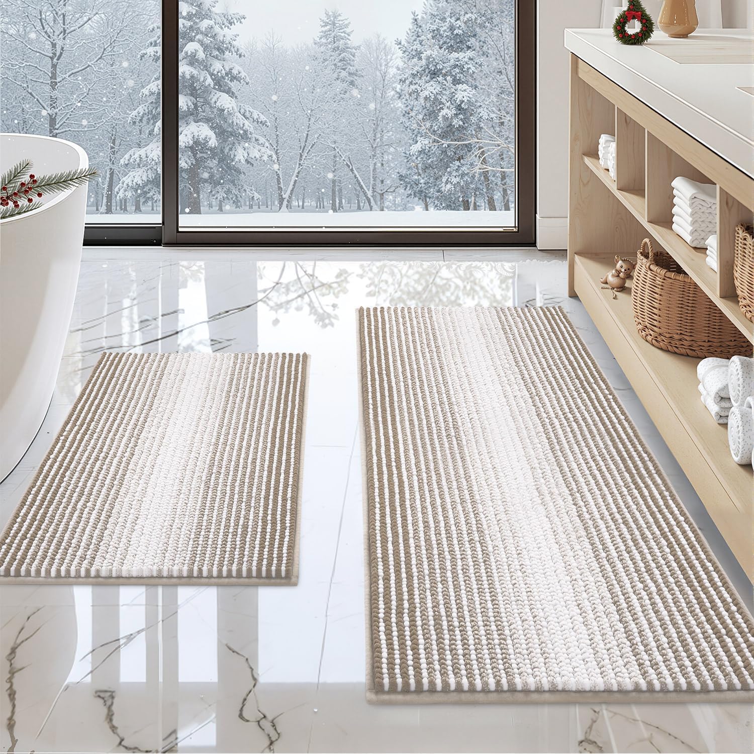 BSICPRO Bathroom Rugs and Mats Sets, 2 Piece Thick Absorbent Chenille Bath Mat Rug Set Non Slip, Soft Shaggy Bath Floor Mats for Bathroom, Machine Washable (20" x 47" Plus 16" x 24", Beige)