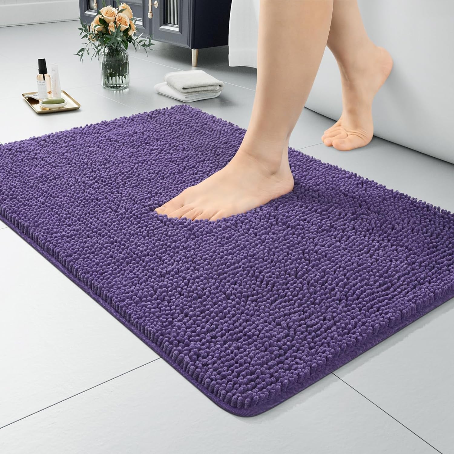 LOCHAS Luxury Bathroom Rug Shaggy Bath Mat 24 x 60 Inch, Washable Non Slip Bath Rugs for Bathroom Shower, Soft Plush Chenille Absorbent Carpets Mats, Gray