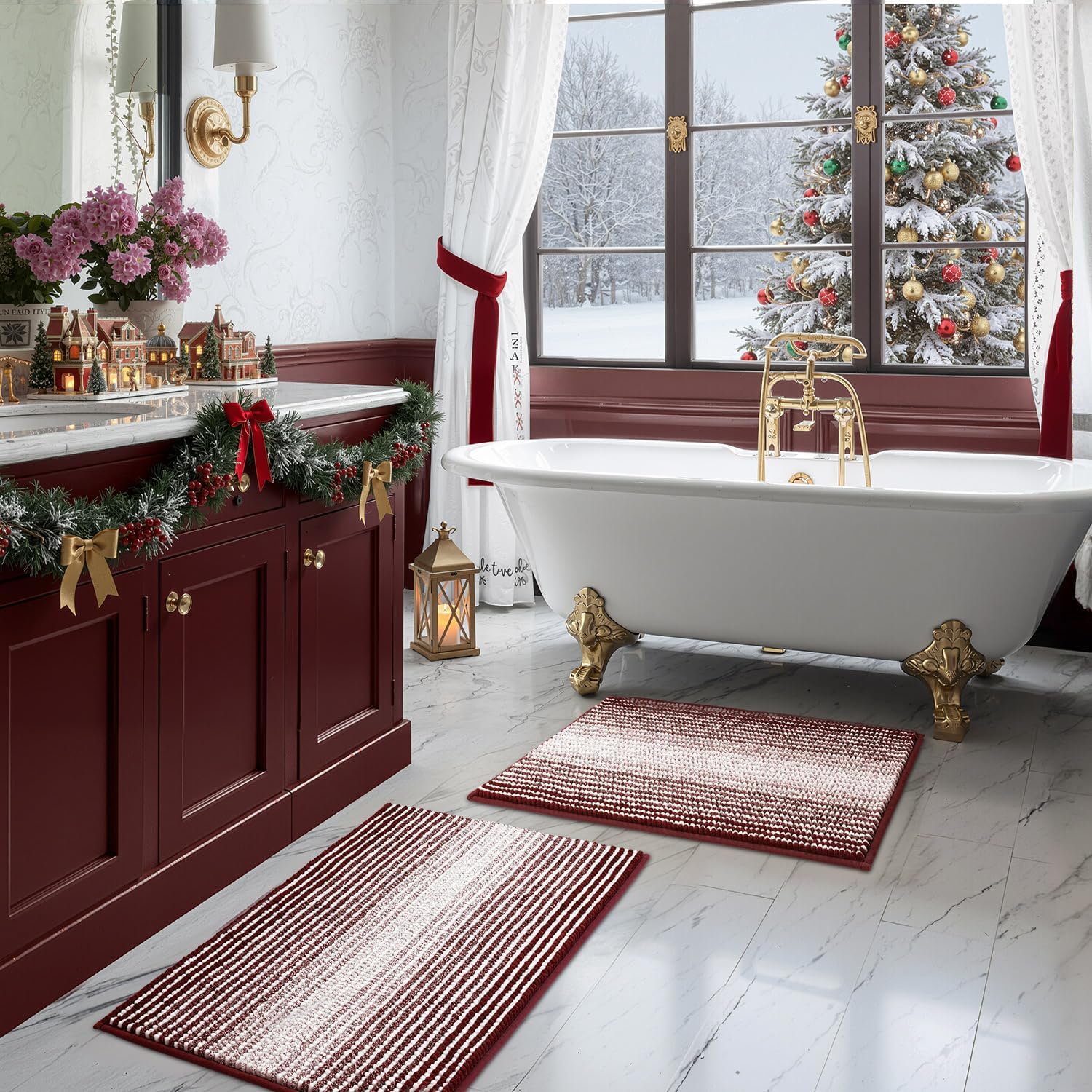 BSICPRO Bathroom Rugs and Mats Sets, 2 Piece Thick Absorbent Chenille Bath Mat Rug Set Non Slip, Soft Shaggy Bath Floor Mats for Bathroom, Machine Washable (20" x 47" Plus 16" x 24", Beige)