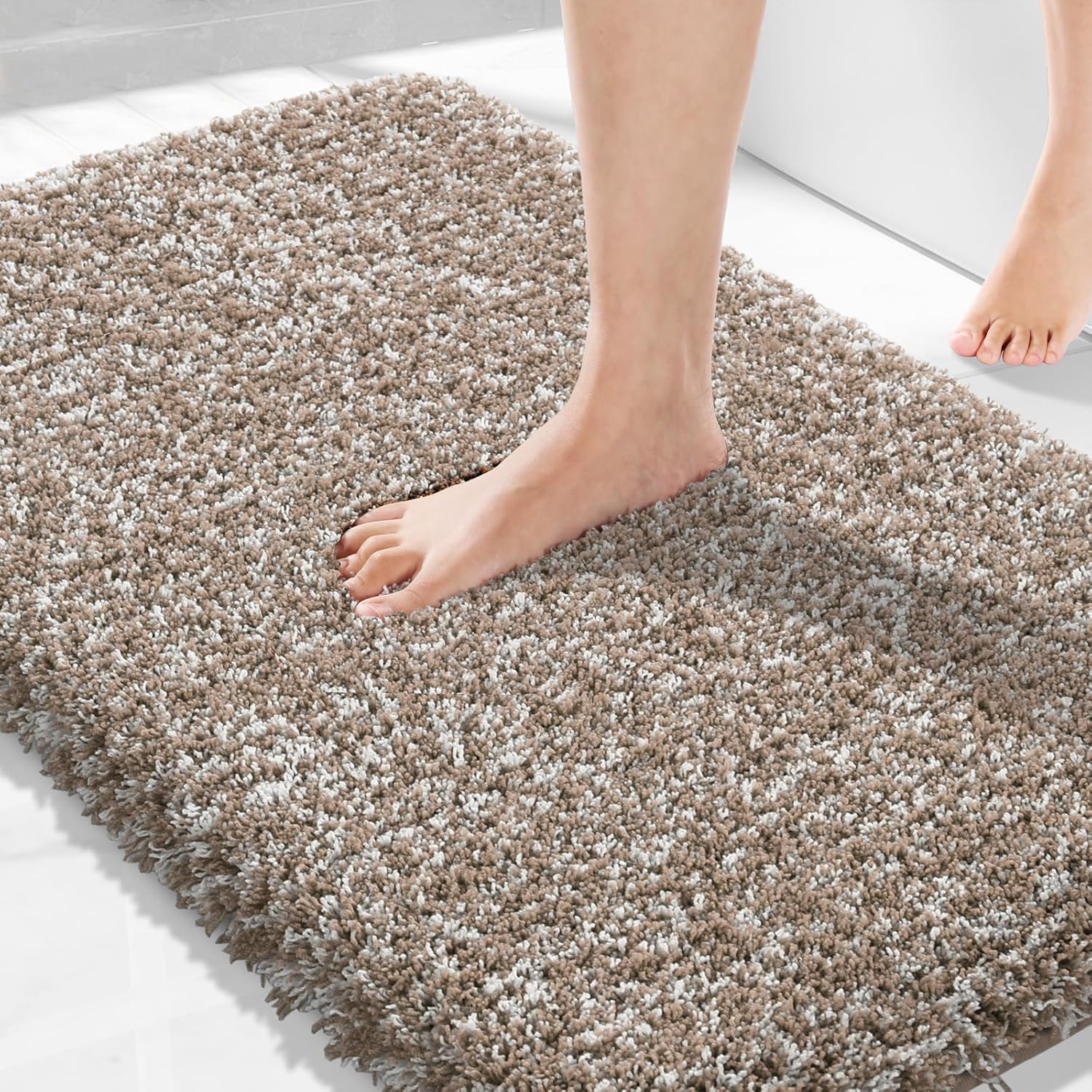 Yimobra Bathroom Rugs Non Slip Washable 36x24, Ultra Soft and Water Absorbent Bath Mats, Plush Fluffy Shower Mat Outside, Luxury Microfiber Thick Matts for Bathroom Floor/Tub, Light Gray and White