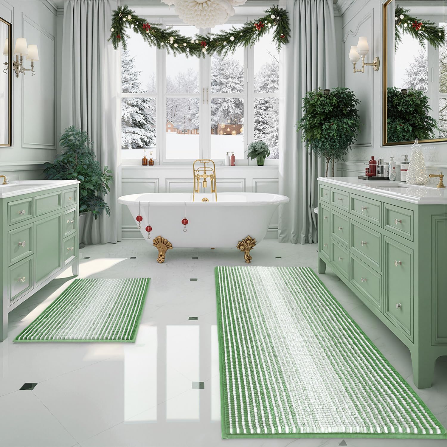 BSICPRO Bathroom Rugs and Mats Sets, 2 Piece Thick Absorbent Chenille Bath Mat Rug Set Non Slip, Soft Shaggy Bath Floor Mats for Bathroom, Machine Washable (20" x 47" Plus 16" x 24", Beige)