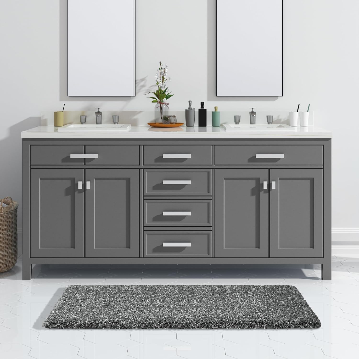 Yimobra Bathroom Rugs Non Slip Washable 36x24, Ultra Soft and Water Absorbent Bath Mats, Plush Fluffy Shower Mat Outside, Luxury Microfiber Thick Matts for Bathroom Floor/Tub, Light Gray and White