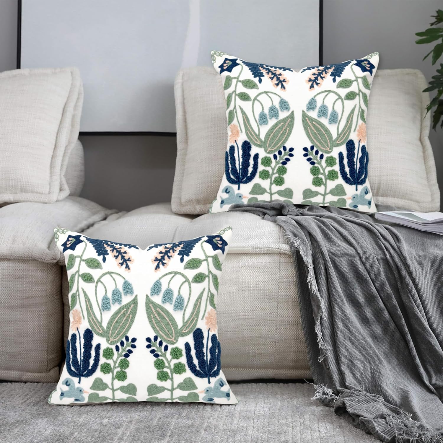 Alysheer Floral Embroidered Summer Decorative Throw Pillow Covers 20"x 20" Set of 2, Farmhouse Cottage Navy Blue Green Flowers Leaves Knit Pattern Cotton Canvas Cushion Case for Couch Bed Living Room