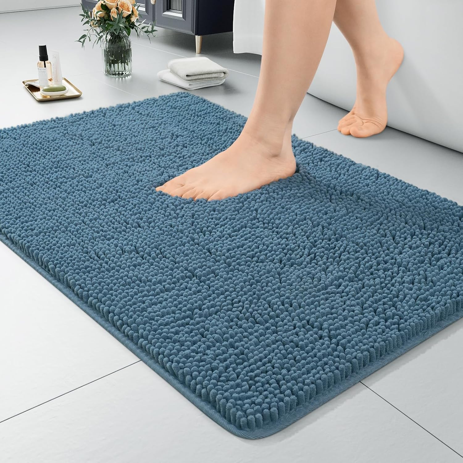 LOCHAS Luxury Bathroom Rug Shaggy Bath Mat 24 x 60 Inch, Washable Non Slip Bath Rugs for Bathroom Shower, Soft Plush Chenille Absorbent Carpets Mats, Gray