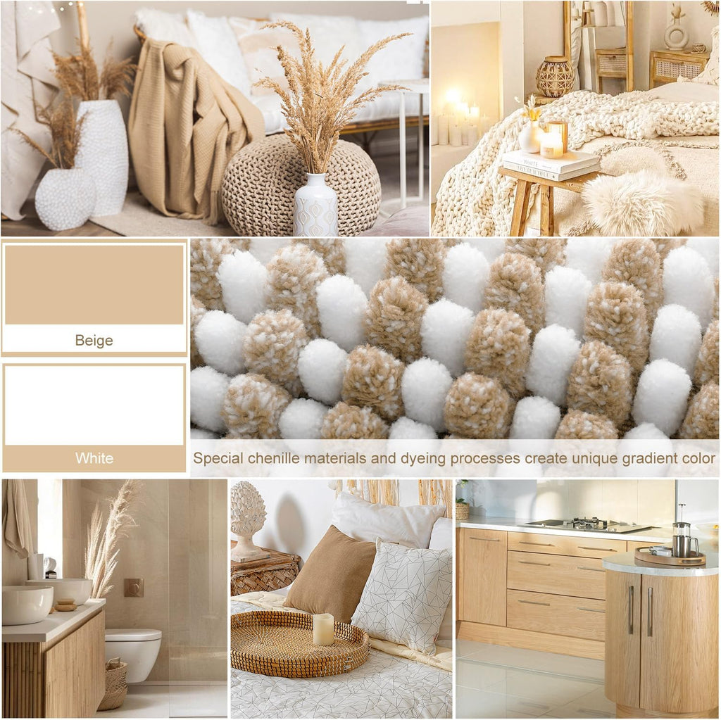 BSICPRO Bathroom Rugs and Mats Sets, 2 Piece Thick Absorbent Chenille Bath Mat Rug Set Non Slip, Soft Shaggy Bath Floor Mats for Bathroom, Machine Washable (20" x 47" Plus 16" x 24", Beige)