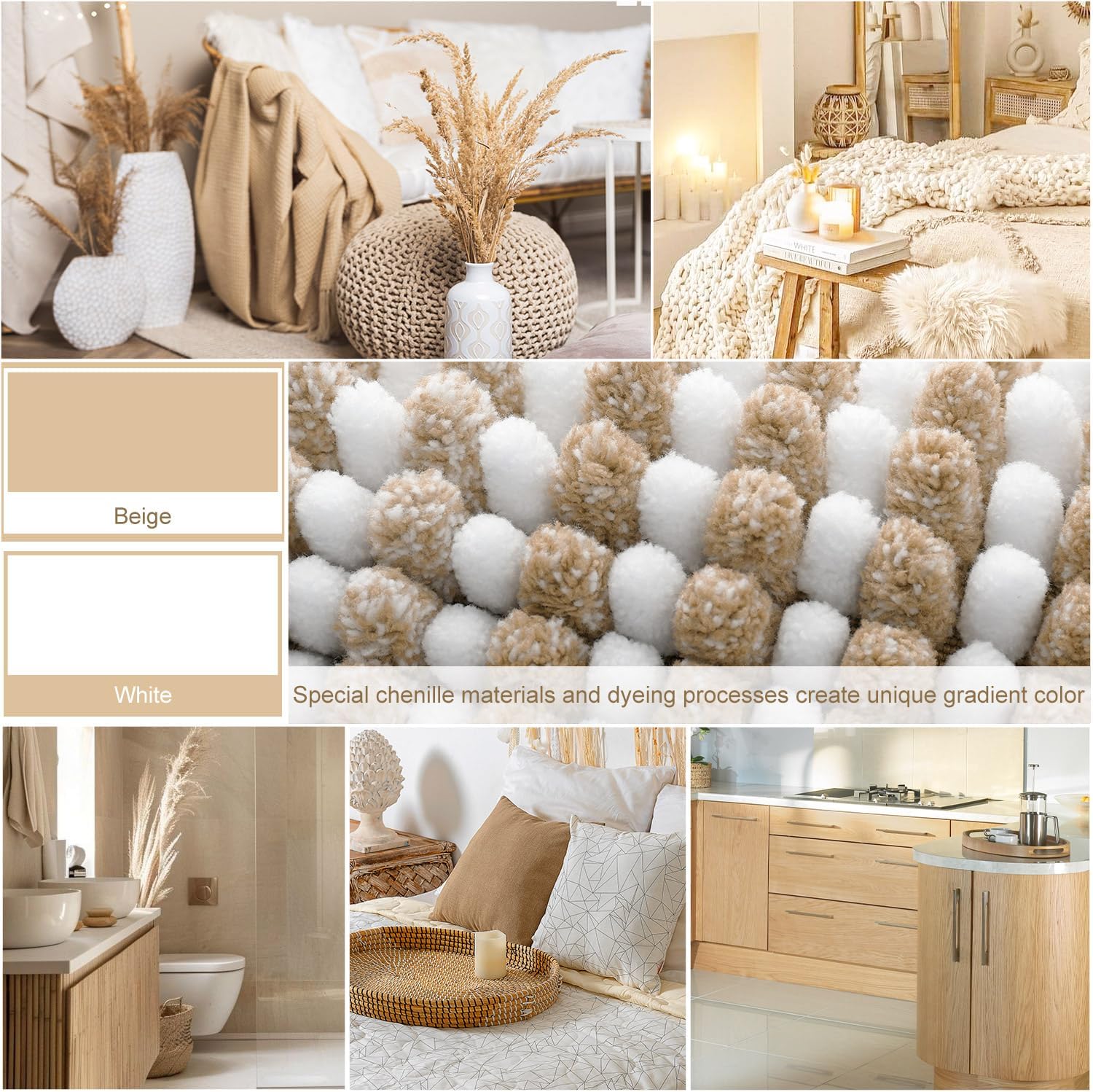 BSICPRO Bathroom Rugs and Mats Sets, 2 Piece Thick Absorbent Chenille Bath Mat Rug Set Non Slip, Soft Shaggy Bath Floor Mats for Bathroom, Machine Washable (20" x 47" Plus 16" x 24", Beige)