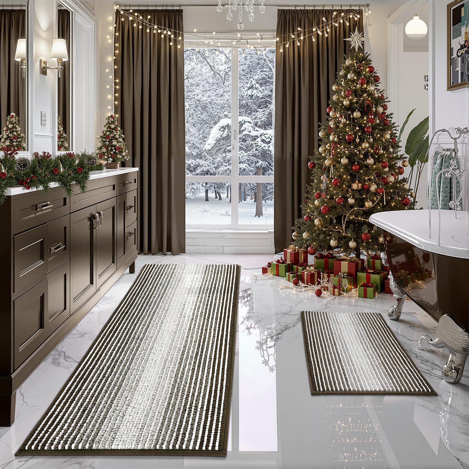 BSICPRO Bathroom Rugs and Mats Sets, 2 Piece Thick Absorbent Chenille Bath Mat Rug Set Non Slip, Soft Shaggy Bath Floor Mats for Bathroom, Machine Washable (20" x 47" Plus 16" x 24", Beige)