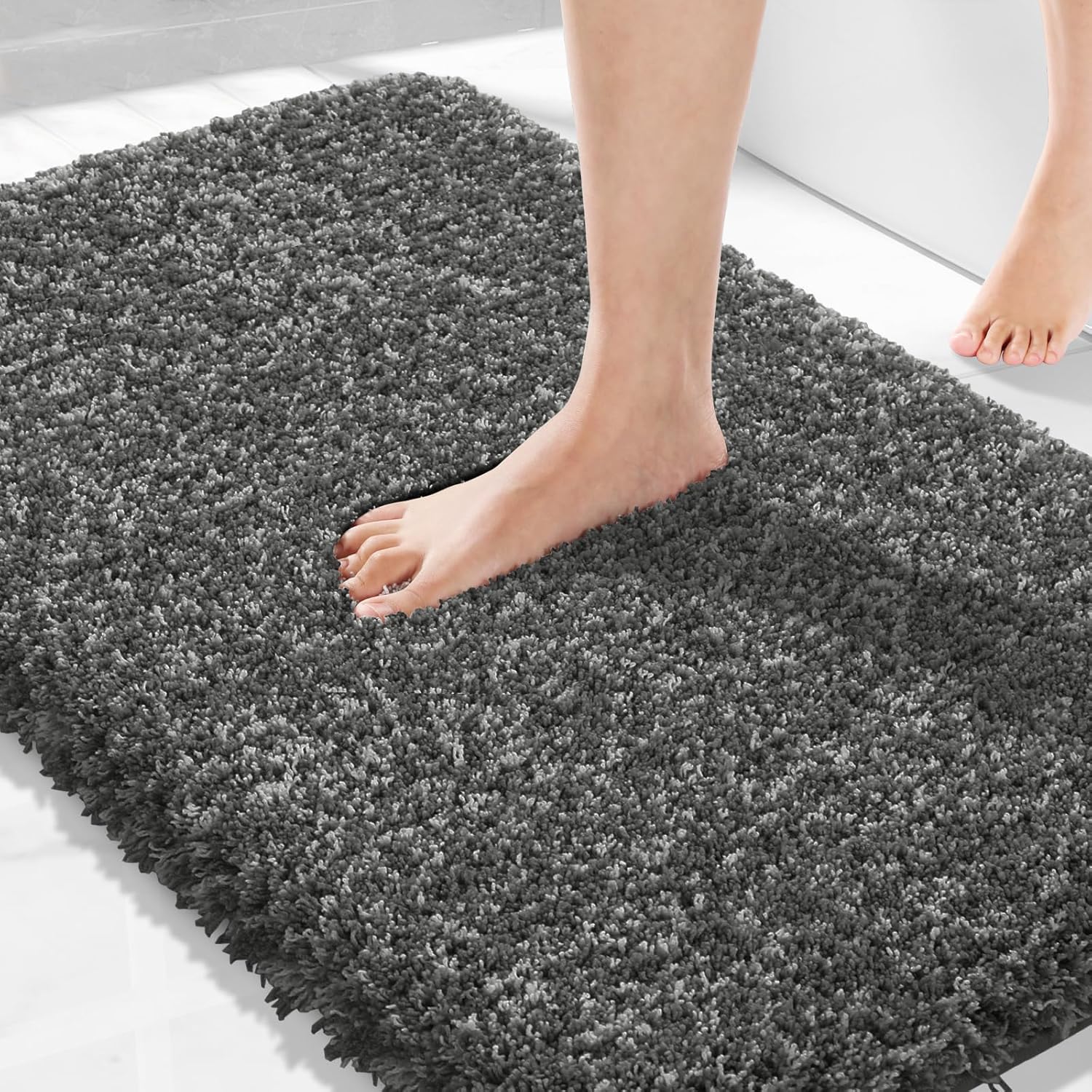 Yimobra Bathroom Rugs Non Slip Washable 36x24, Ultra Soft and Water Absorbent Bath Mats, Plush Fluffy Shower Mat Outside, Luxury Microfiber Thick Matts for Bathroom Floor/Tub, Light Gray and White