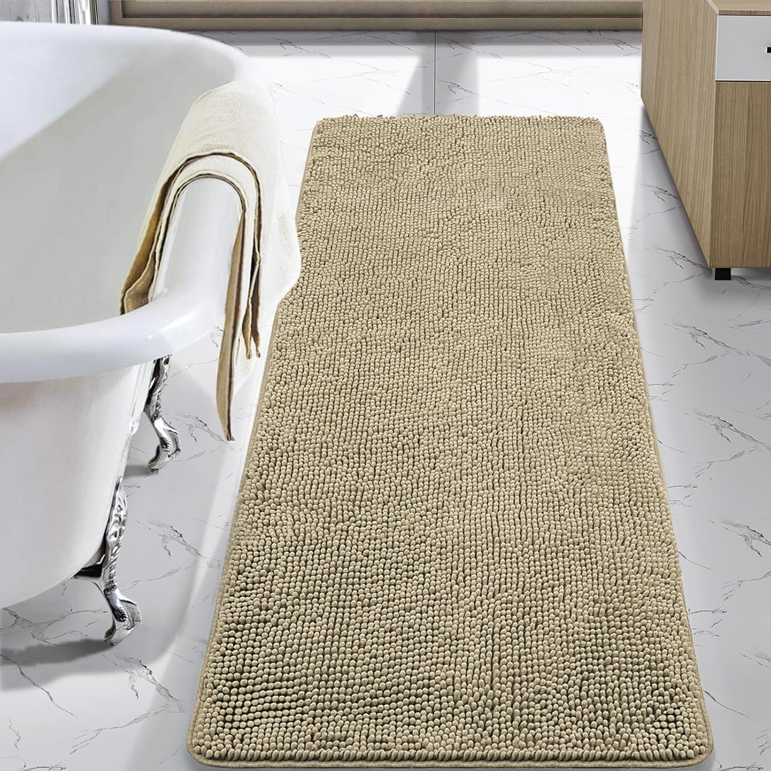 LOCHAS Luxury Bathroom Rug Shaggy Bath Mat 24 x 60 Inch, Washable Non Slip Bath Rugs for Bathroom Shower, Soft Plush Chenille Absorbent Carpets Mats, Gray