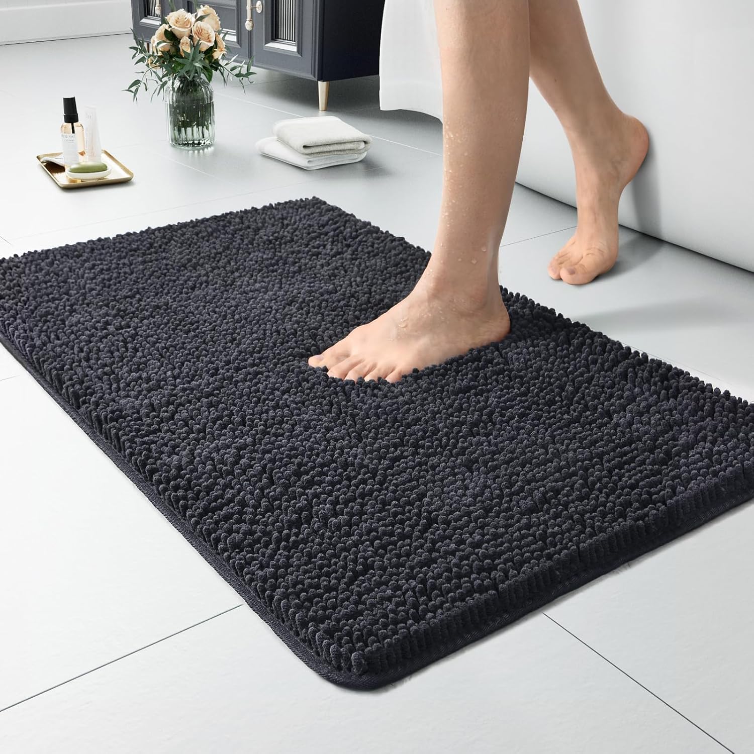 LOCHAS Luxury Bathroom Rug Shaggy Bath Mat 24 x 60 Inch, Washable Non Slip Bath Rugs for Bathroom Shower, Soft Plush Chenille Absorbent Carpets Mats, Gray