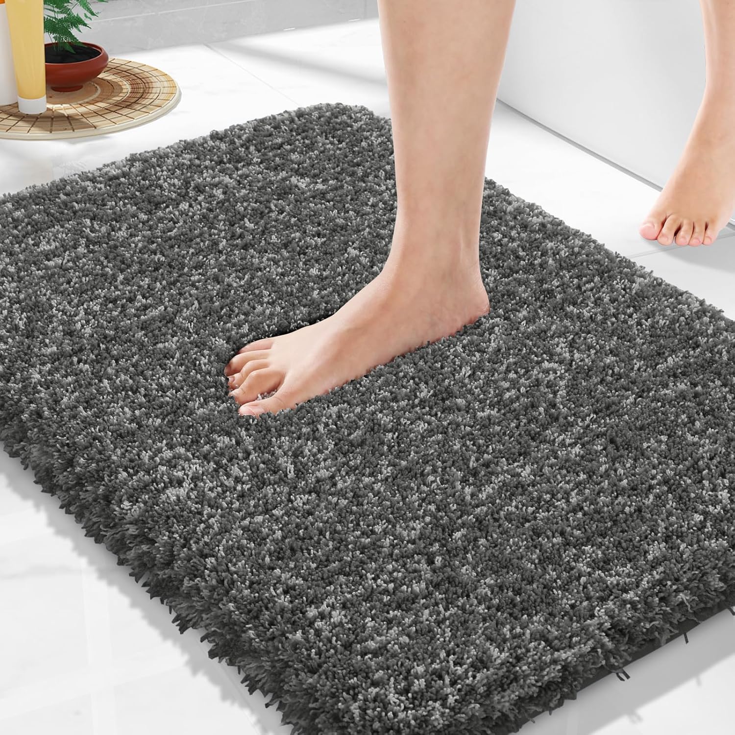 Yimobra Bathroom Rugs Non Slip Washable 36x24, Ultra Soft and Water Absorbent Bath Mats, Plush Fluffy Shower Mat Outside, Luxury Microfiber Thick Matts for Bathroom Floor/Tub, Light Gray and White