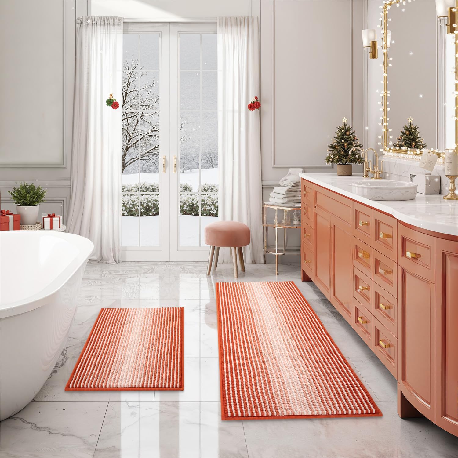 BSICPRO Bathroom Rugs and Mats Sets, 2 Piece Thick Absorbent Chenille Bath Mat Rug Set Non Slip, Soft Shaggy Bath Floor Mats for Bathroom, Machine Washable (20" x 47" Plus 16" x 24", Beige)