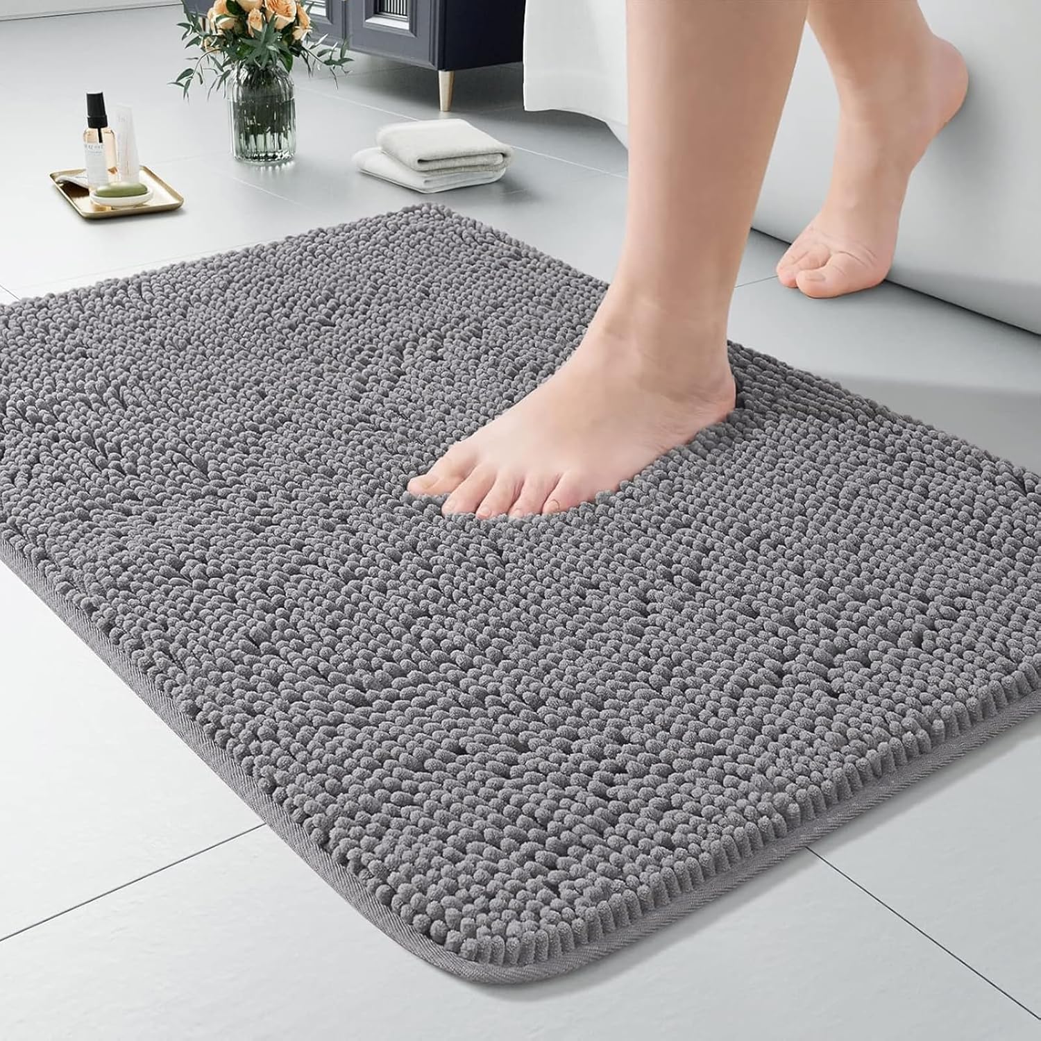 LOCHAS Luxury Bathroom Rug Shaggy Bath Mat 24 x 60 Inch, Washable Non Slip Bath Rugs for Bathroom Shower, Soft Plush Chenille Absorbent Carpets Mats, Gray