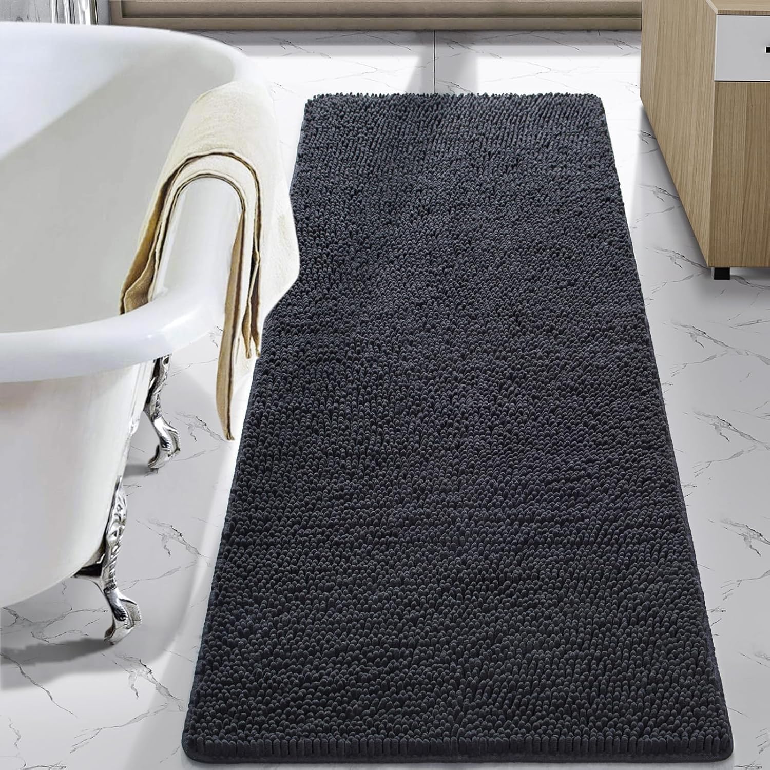 LOCHAS Luxury Bathroom Rug Shaggy Bath Mat 24 x 60 Inch, Washable Non Slip Bath Rugs for Bathroom Shower, Soft Plush Chenille Absorbent Carpets Mats, Gray